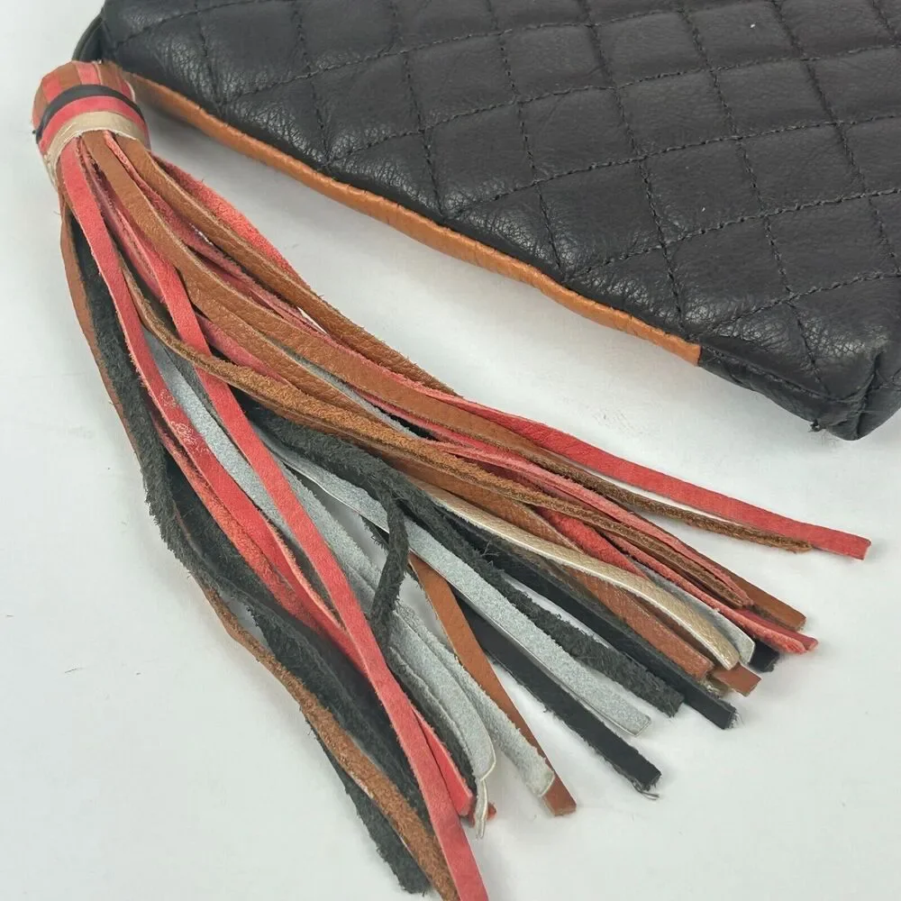 Margot New York Leather Black Pink Tan Colorblock Clutch Bag Purse Large Tassel